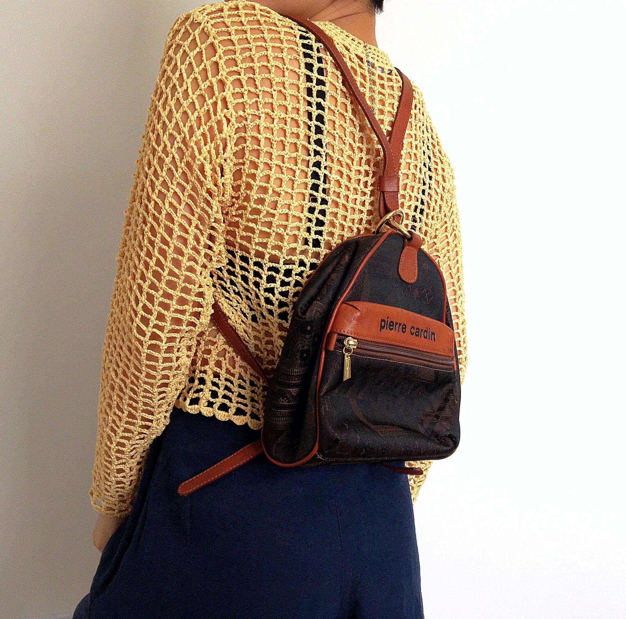 90S VINTAGE PIERRE CARDIN LEATHER CANVAS BACKPACK BAG