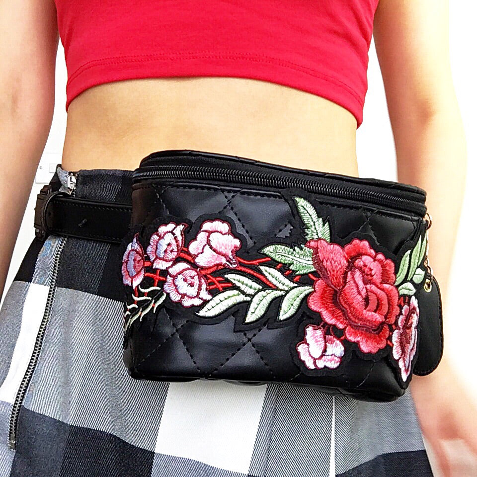 BLACK FAUX LEATHER QUILTED FLORAL BELT BAG
