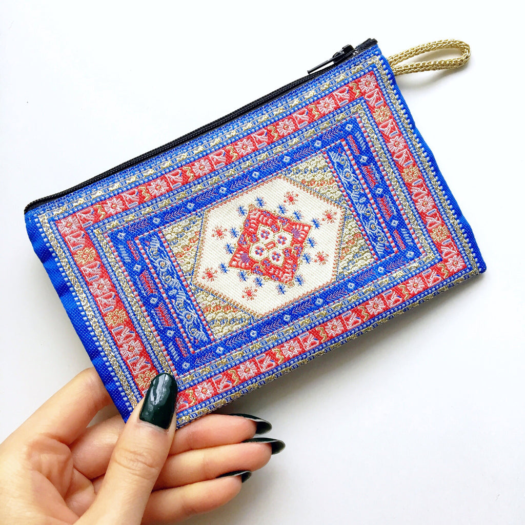 GOLD THREAD BLUE RED PATTERN EMBROIDERED SMALL BAG