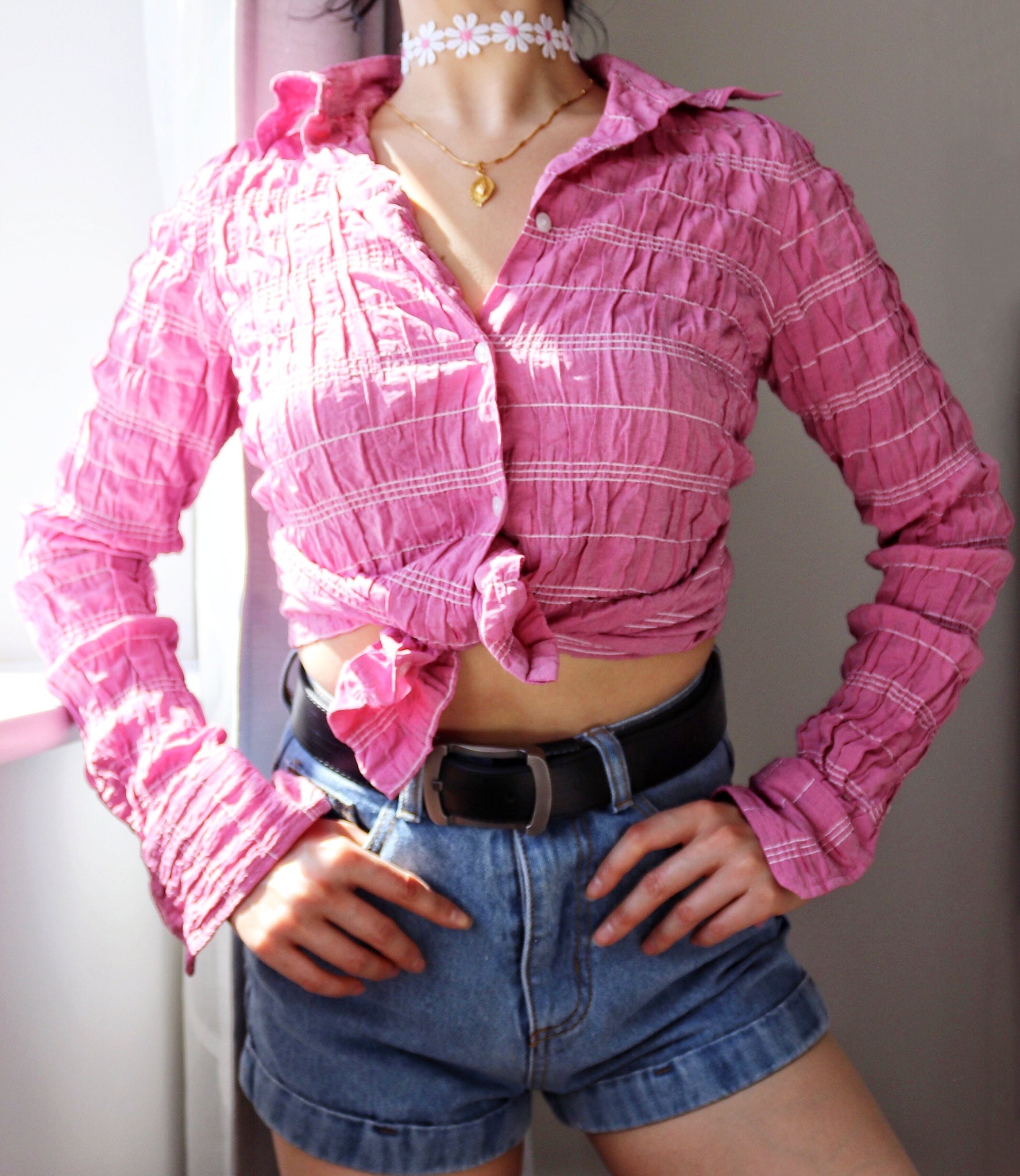 90S THE SHIRT FACTORY DESIGN LINNEA BRAUN PINK  SMOCK LONG SLEEVES SHIRT TOP