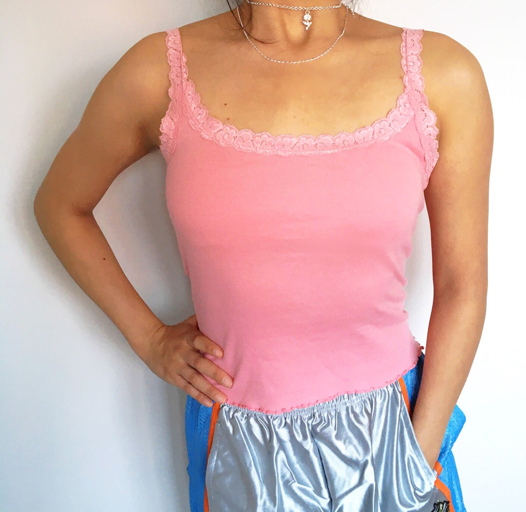 90S 00 Y2K PINK LACE TRIM STRAP CAMI VEST TOP