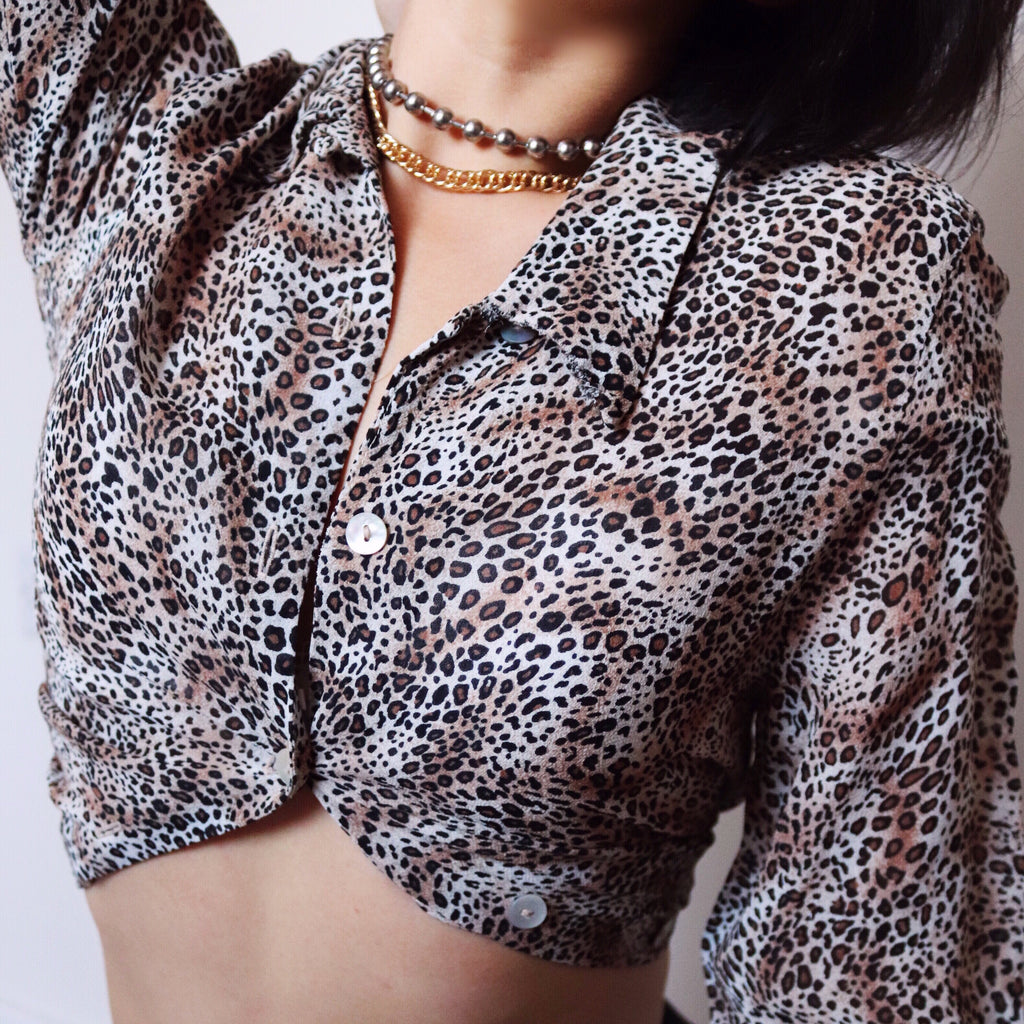 VINTAGE LEOPARD CREPE LONG SLEEVES SHIRT LONG TOP