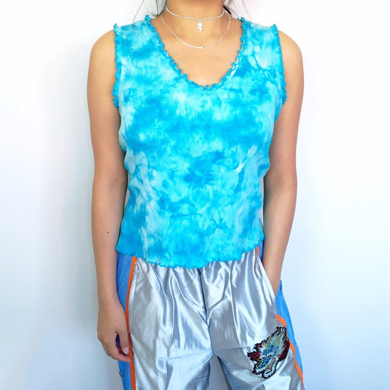 90S 00 Y2K BLUE SKY TIE DYE LETTUCE EDGE VEST TOP