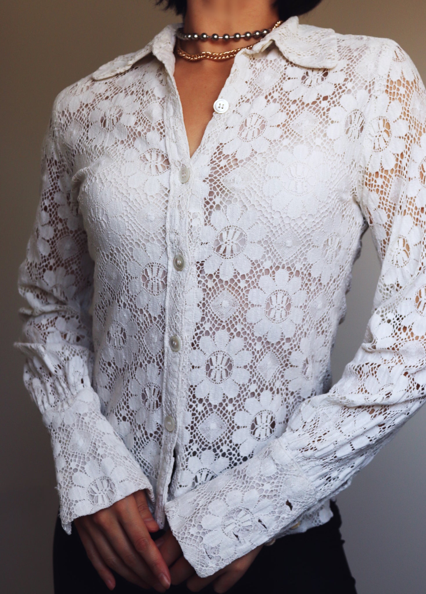 VINTAGE CROCHET LONG SLEEVES SHIRT LONG TOP