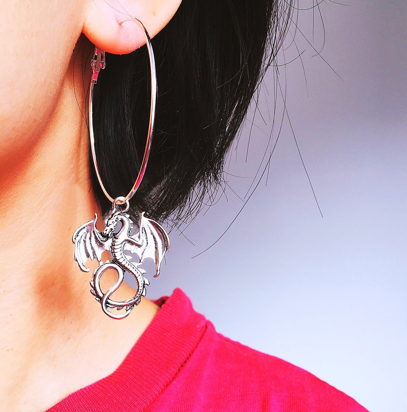 Y2K 2000S 90S STYLE SILVER DRAGON LARGE HOOP EARRINGS