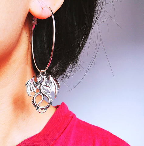 Y2K 2000S 90S STYLE SILVER DRAGON LARGE HOOP EARRINGS