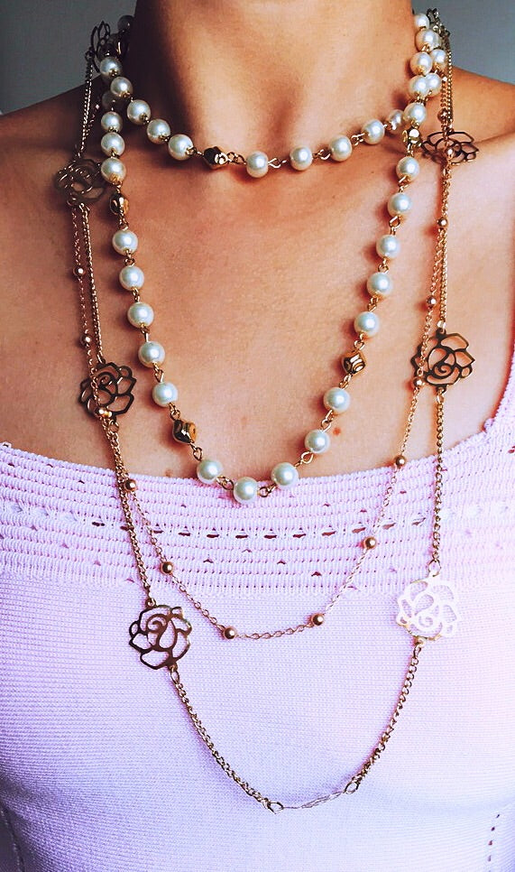 ROSE PEARL CHAIN MULTI LINKS  LONG NECKLACE