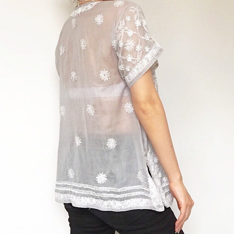 BOHO HIPPIE SEMI SHEER FLORAL EMBROIDERY V NECK TEE TOP