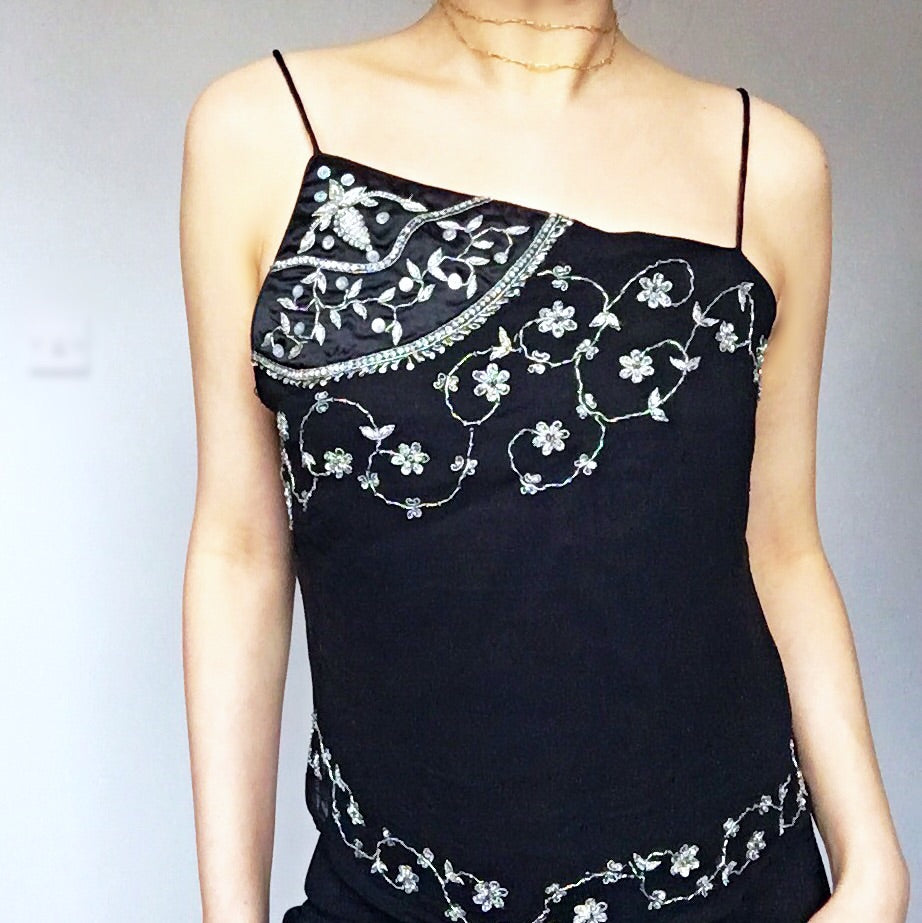 FLORAL BEADED ASYMMETRICAL NECKLINE CAMI VEST  TOP