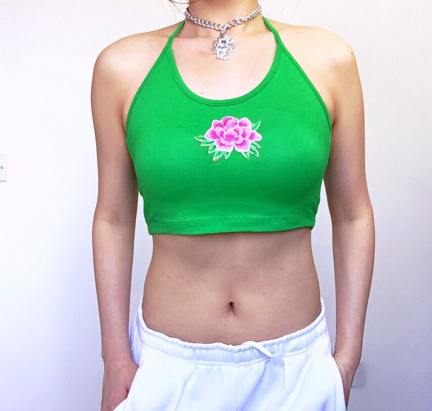 LILY FLORAL STRETCHY HALTER NECK TIES CROP TOP