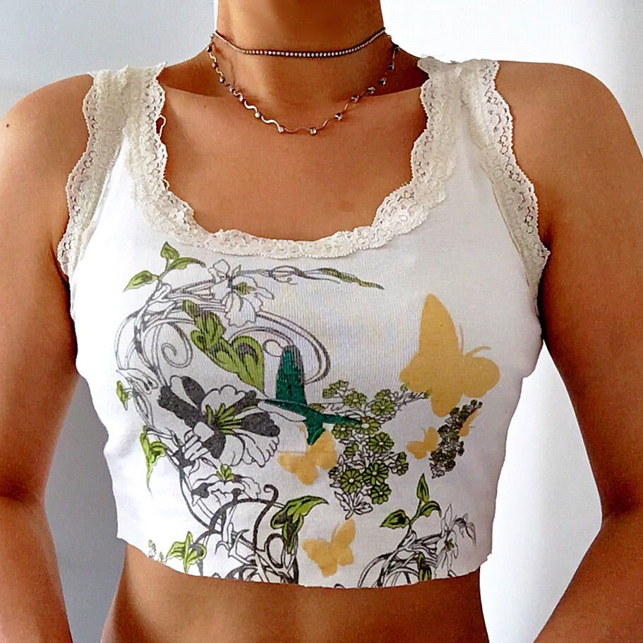 90s Y2K BUTTERFLIES BUTTERFLY FLORAL LACE TRIM EDGES CROP VEST TOP