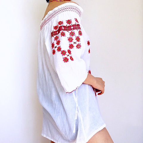 BOHO HIPPIE FLORAL EMBROIDERY OFF SHOULDER LONG TOP