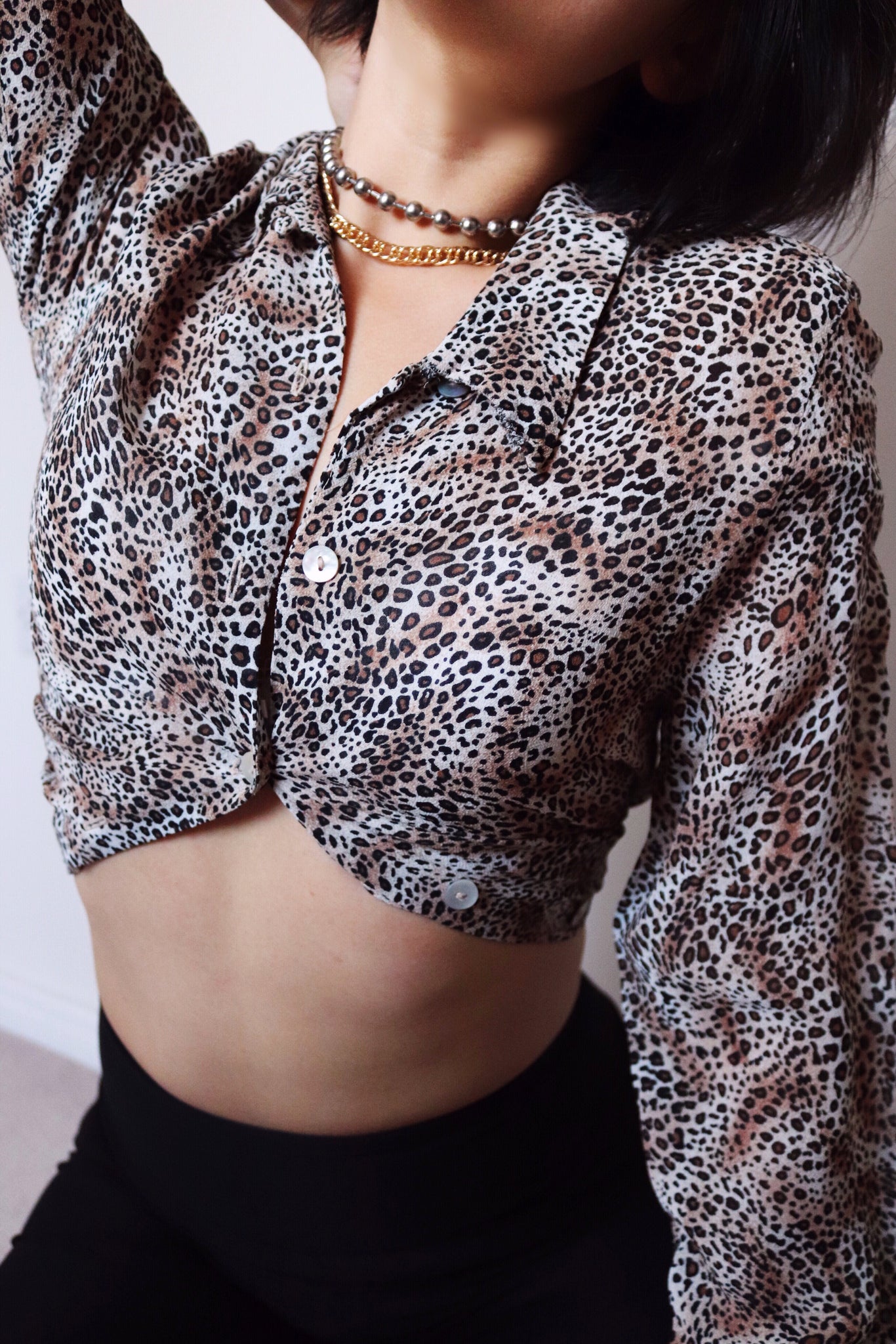 VINTAGE LEOPARD CREPE LONG SLEEVES SHIRT LONG TOP