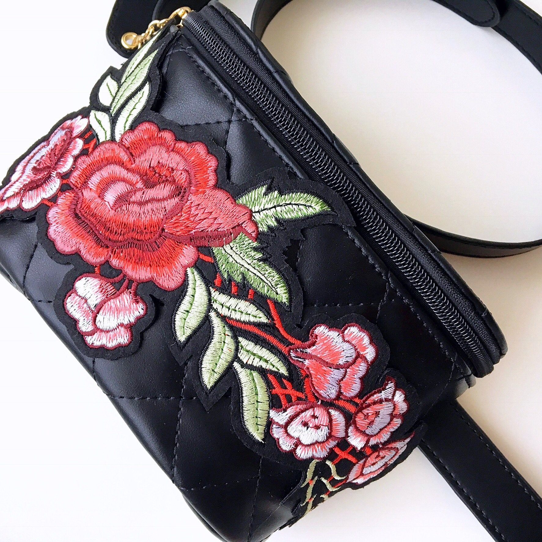 BLACK FAUX LEATHER QUILTED FLORAL BELT BAG