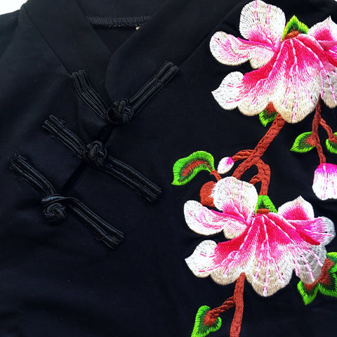 BLACK FLORAL ORIENTAL EMBROIDERY SHORT SLEEVES DRESS