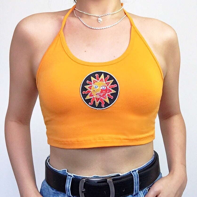 SUN STRETCHY HALTER NECK TIES CROP TOP