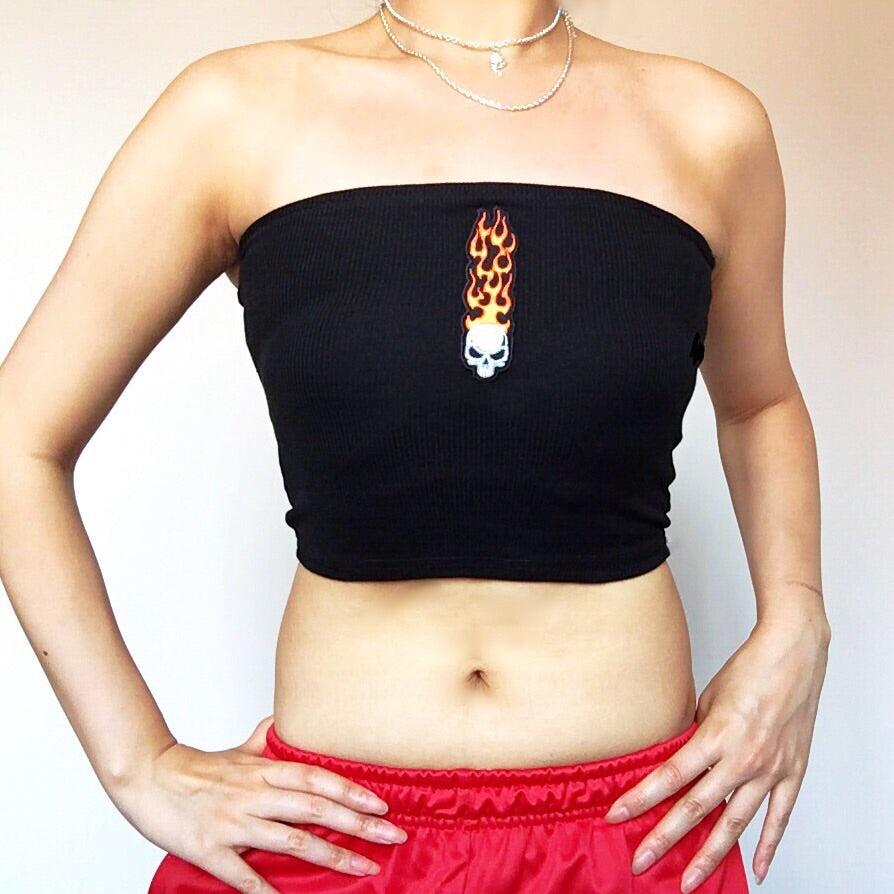 FLAME SKULL BLACK RIB STRETCHY TUBE TOP