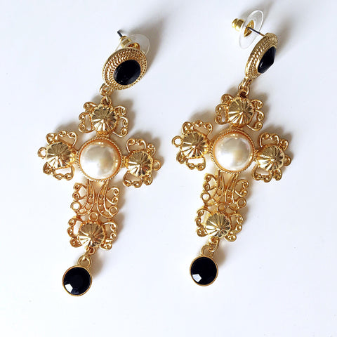 PEARL GOTHIC CROSS LONG EARRINGS