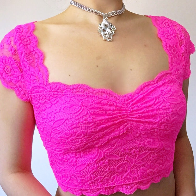 NEON LACE V NECK CROP TOP