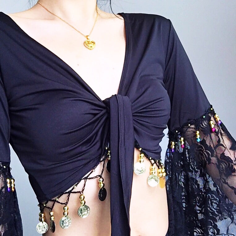 LACE BELL SLEEVES COIN WRAP FRONT TIE TOP