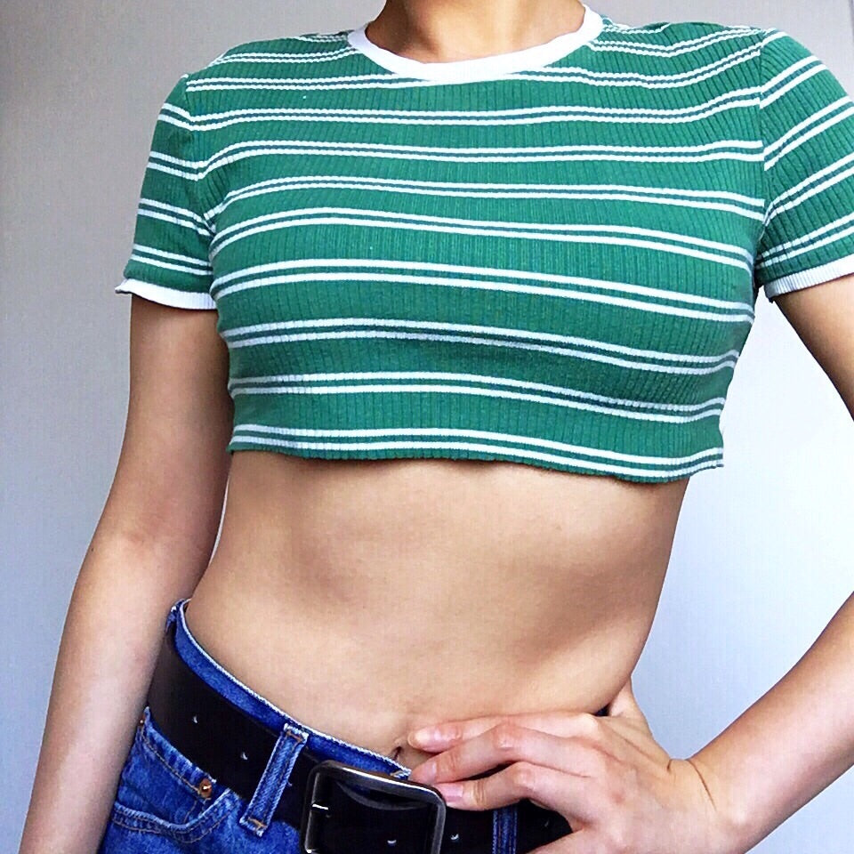 VINTAGE GREEN STRIPES KNIT SUPER CROP TEE TOP
