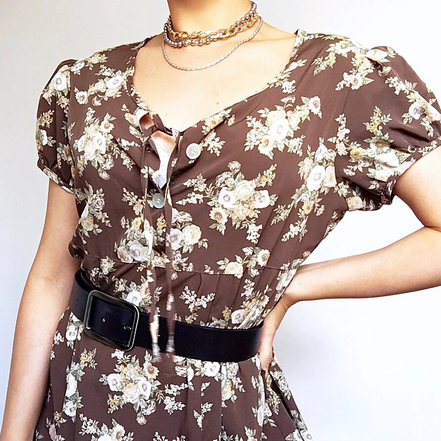 VINTAGE 90s BROWN FLORAL TEA DRESS