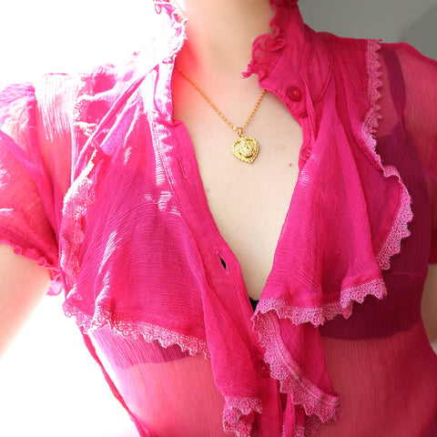 90s SHEER PURE SILK RUFFLE TIE VICTORIAN COLLAR SHORT SLEEVES BLOUSE SHIRT TOP
