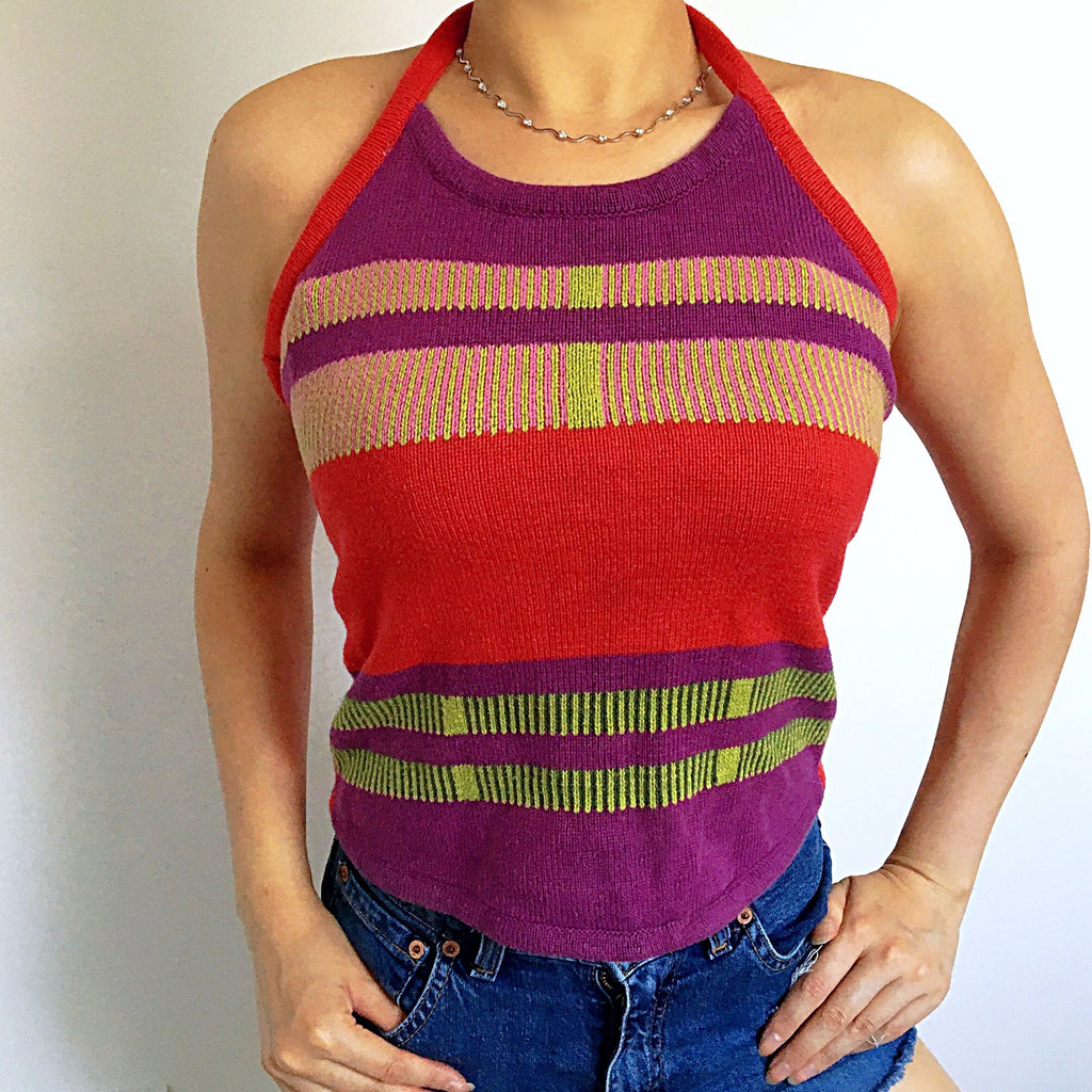 VINTAGE COLOUR STRIPY HALTER VEST TOP