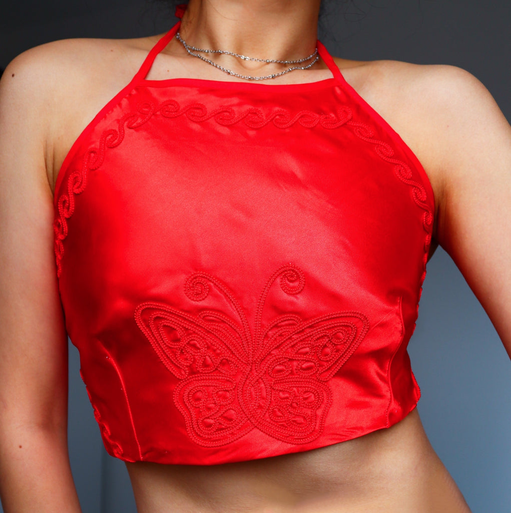 Y2K 90S 00S CROP SHORT EMBROIDERY BUTTERFLY FLORAL SILKY BACKLESS TIE HALTER NECK TOP