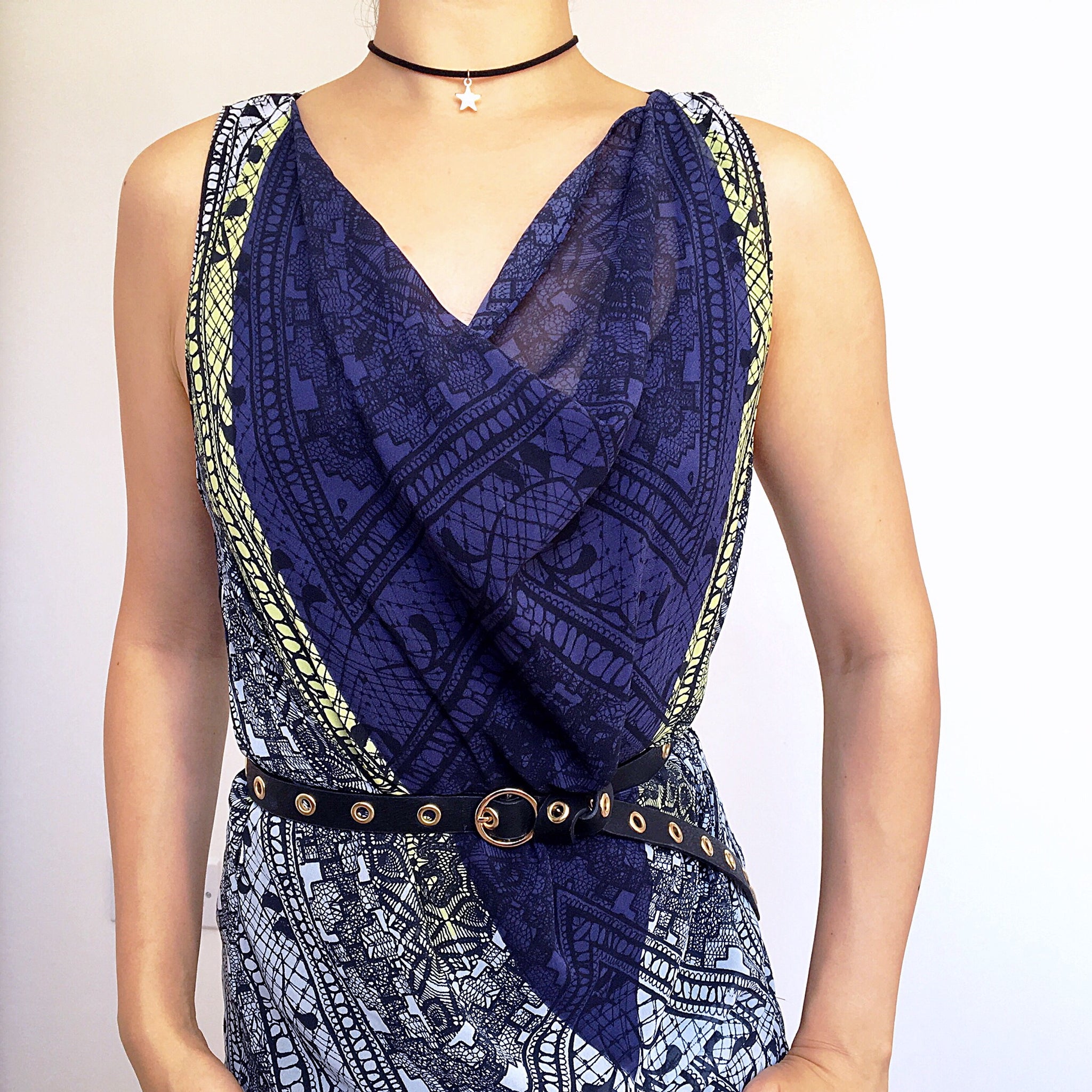 SCARF PRINT ROCK AND ROLL COWL NECK DRESS