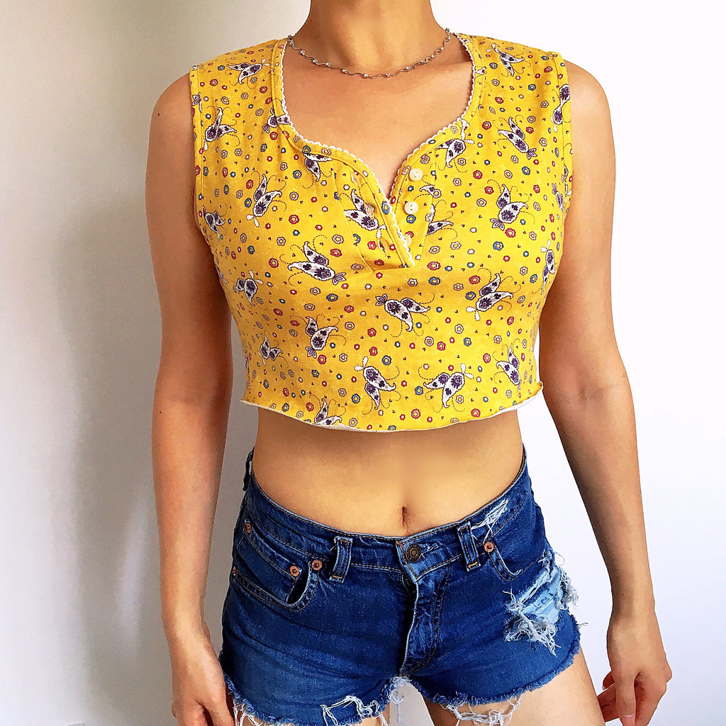 VINTAGE 90s FLORAL PRINT SCALLOP EDGE NECK CROP VEST TOP