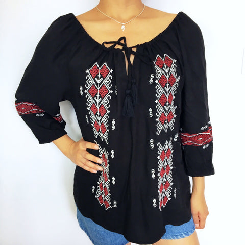 BOHO HIPPIE FLORAL EMBROIDERY OFF SHOULDER LONG TOP