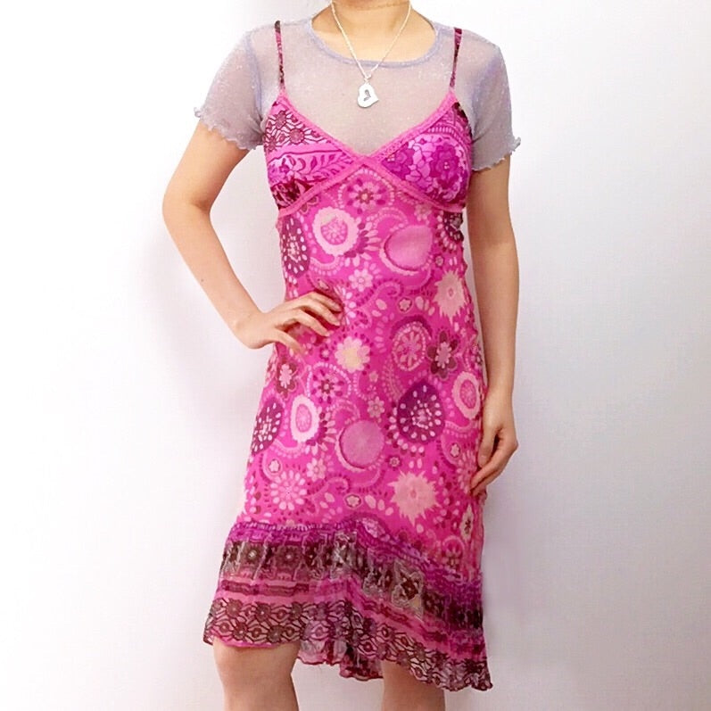 90s Y2K 00s SILK PINK FLORAL GLITTER DOTS SLIP DRESS