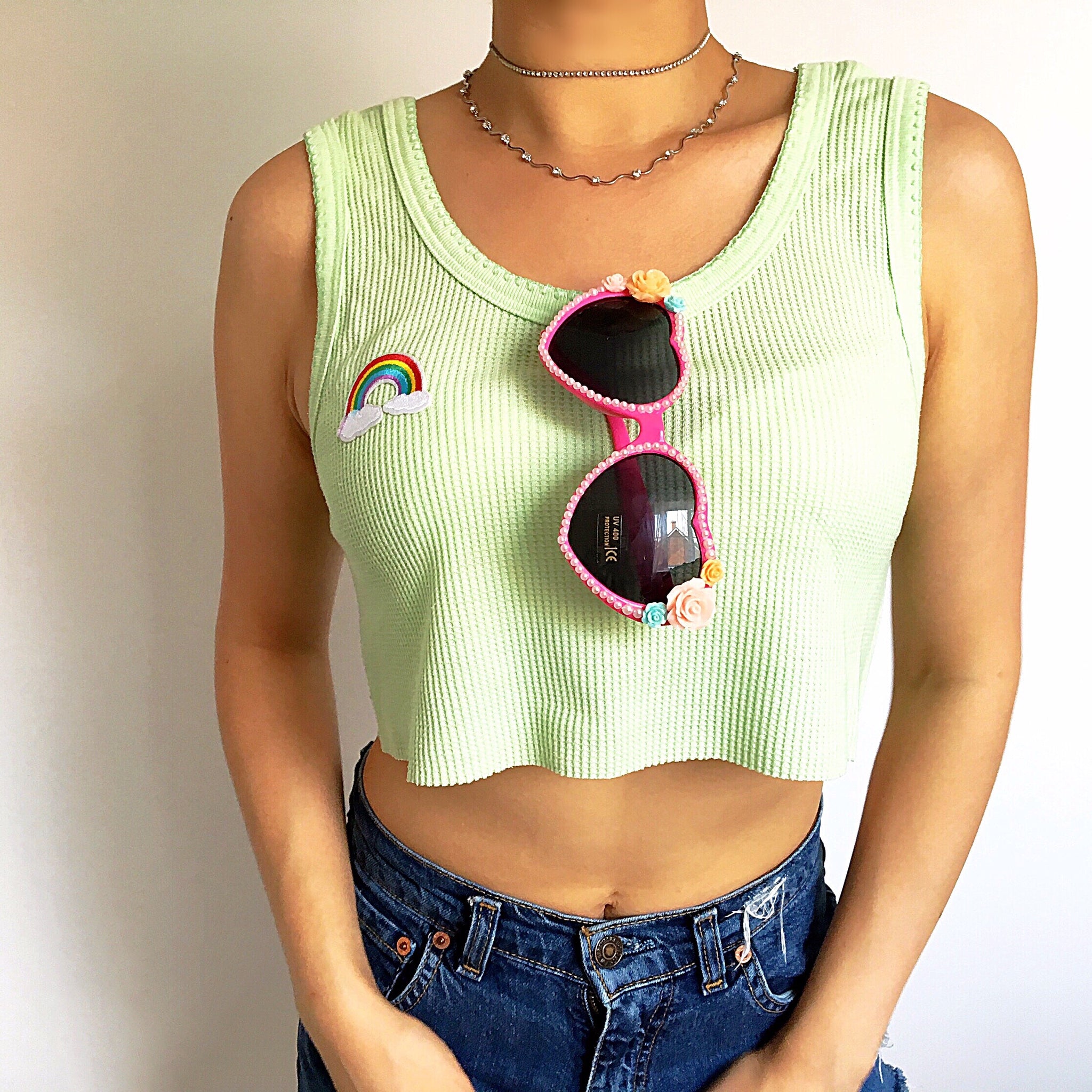 90s Y2K GREEN RAINBOW CROP VEST TOP