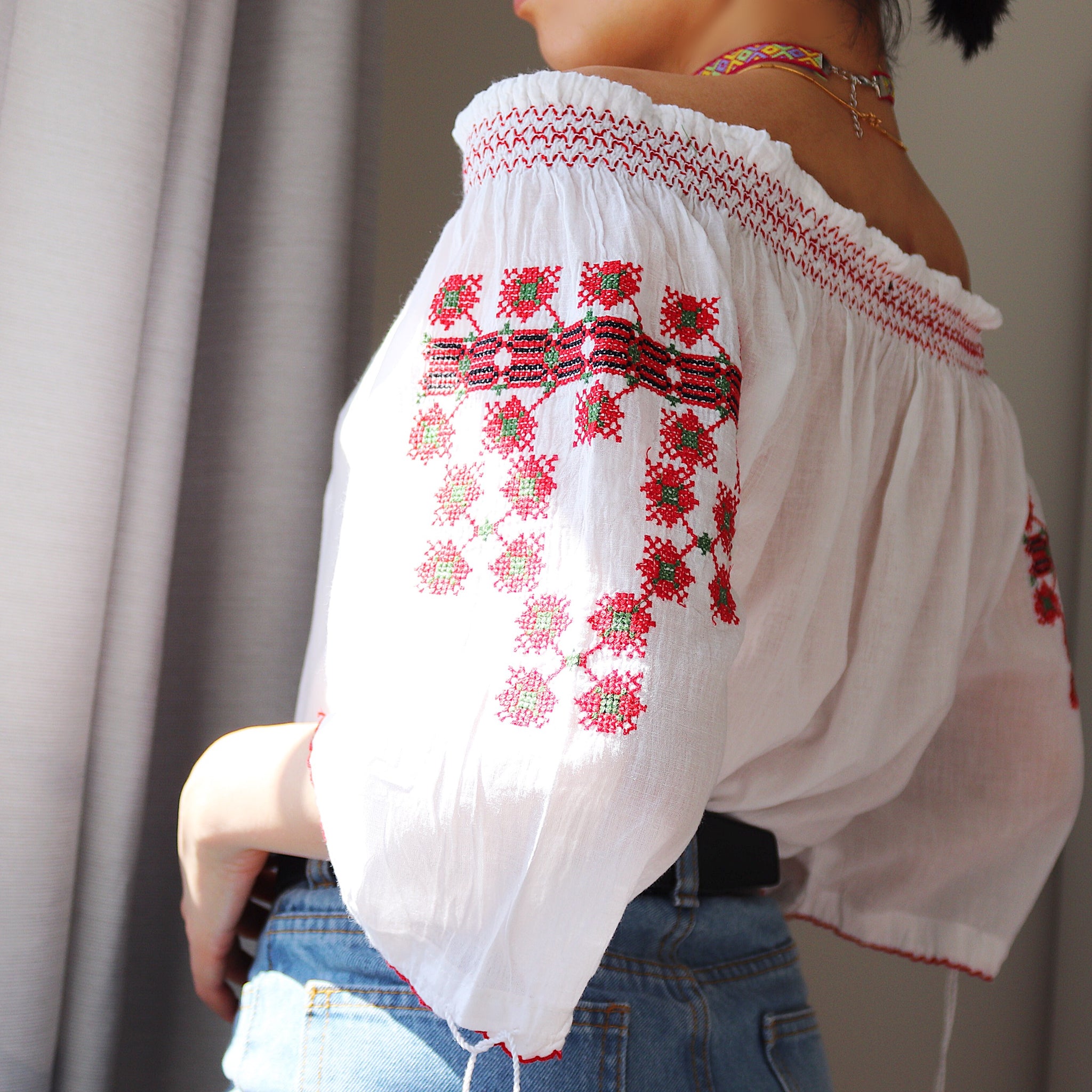 BOHO HIPPIE FLORAL EMBROIDERY OFF SHOULDER LONG TOP