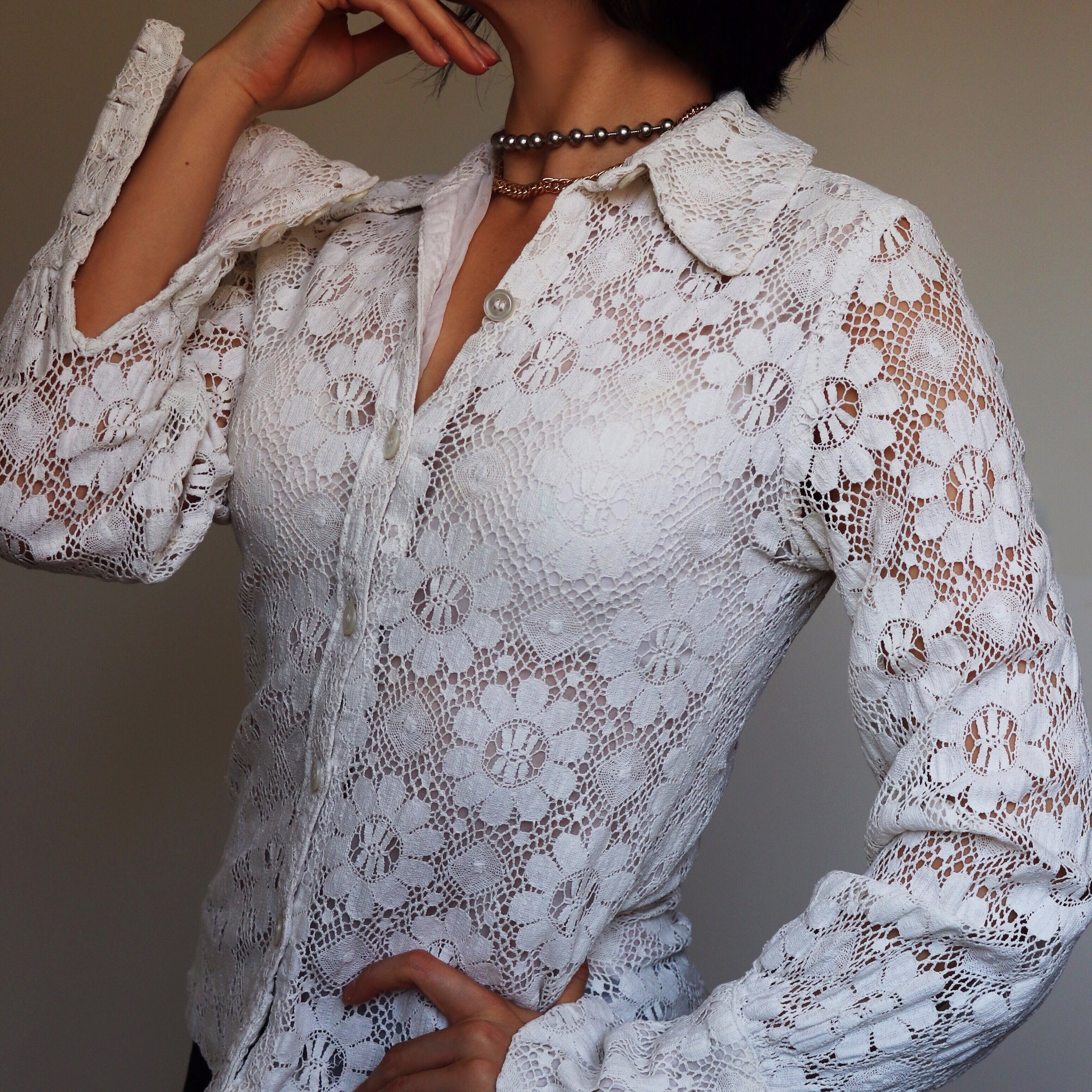 VINTAGE CROCHET LONG SLEEVES SHIRT LONG TOP