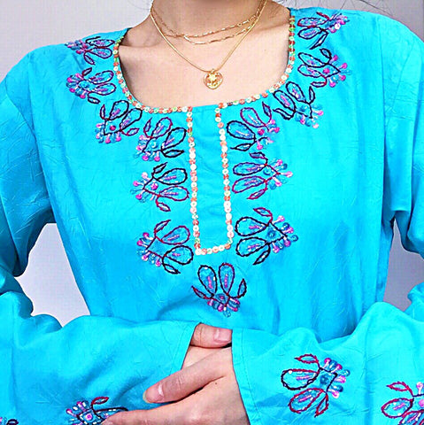 VINTAGE SEQUINS EMBROIDERY BEADED BELL SLEEVES LONG DRESS TOP