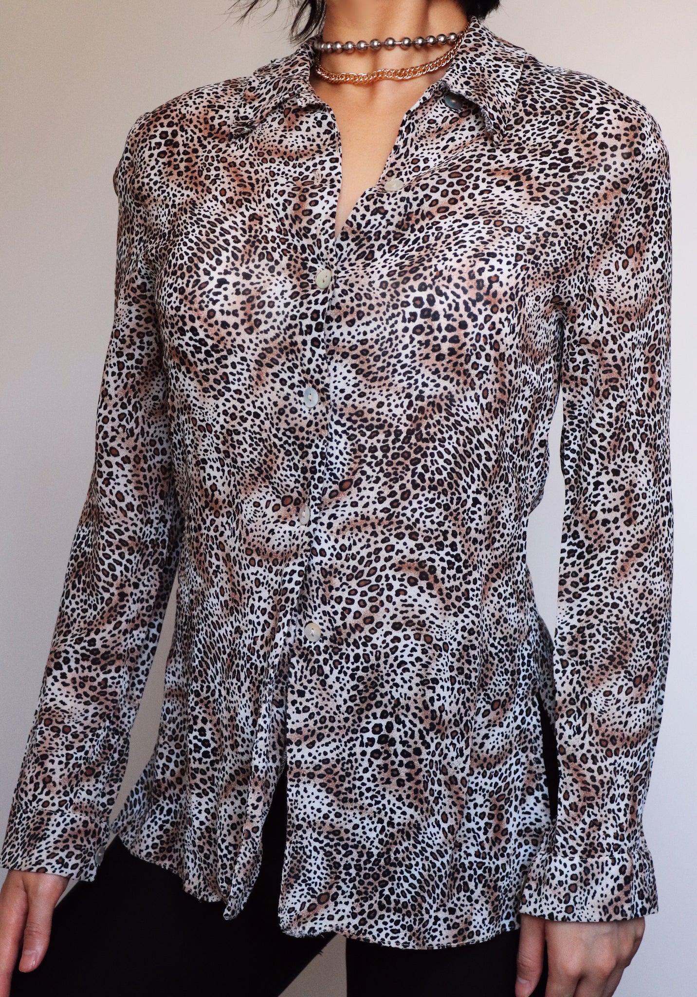 VINTAGE LEOPARD CREPE LONG SLEEVES SHIRT LONG TOP