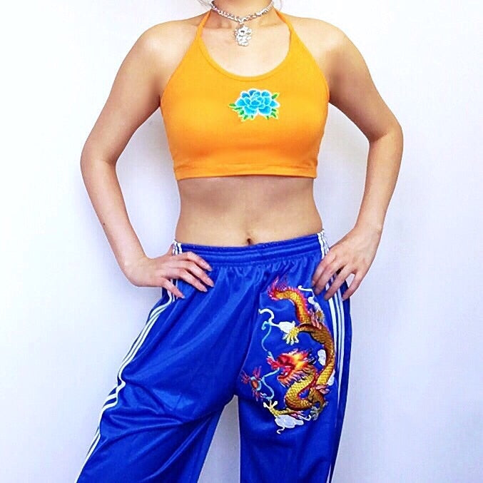 LILY FLORAL STRETCHY HALTER NECK TIES CROP TOP