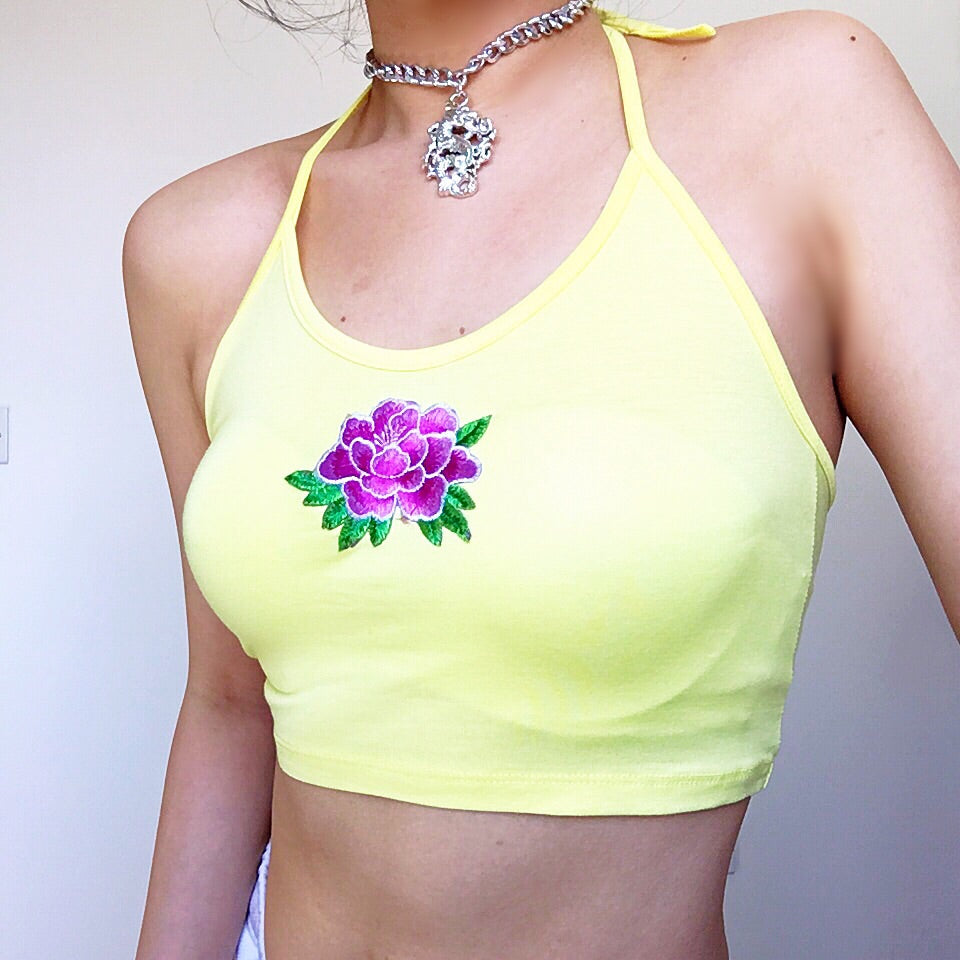 LILY FLORAL STRETCHY HALTER NECK TIES CROP TOP