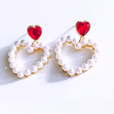 RED DIAMANTÉ FAUX PEARL HEART EARRINGS