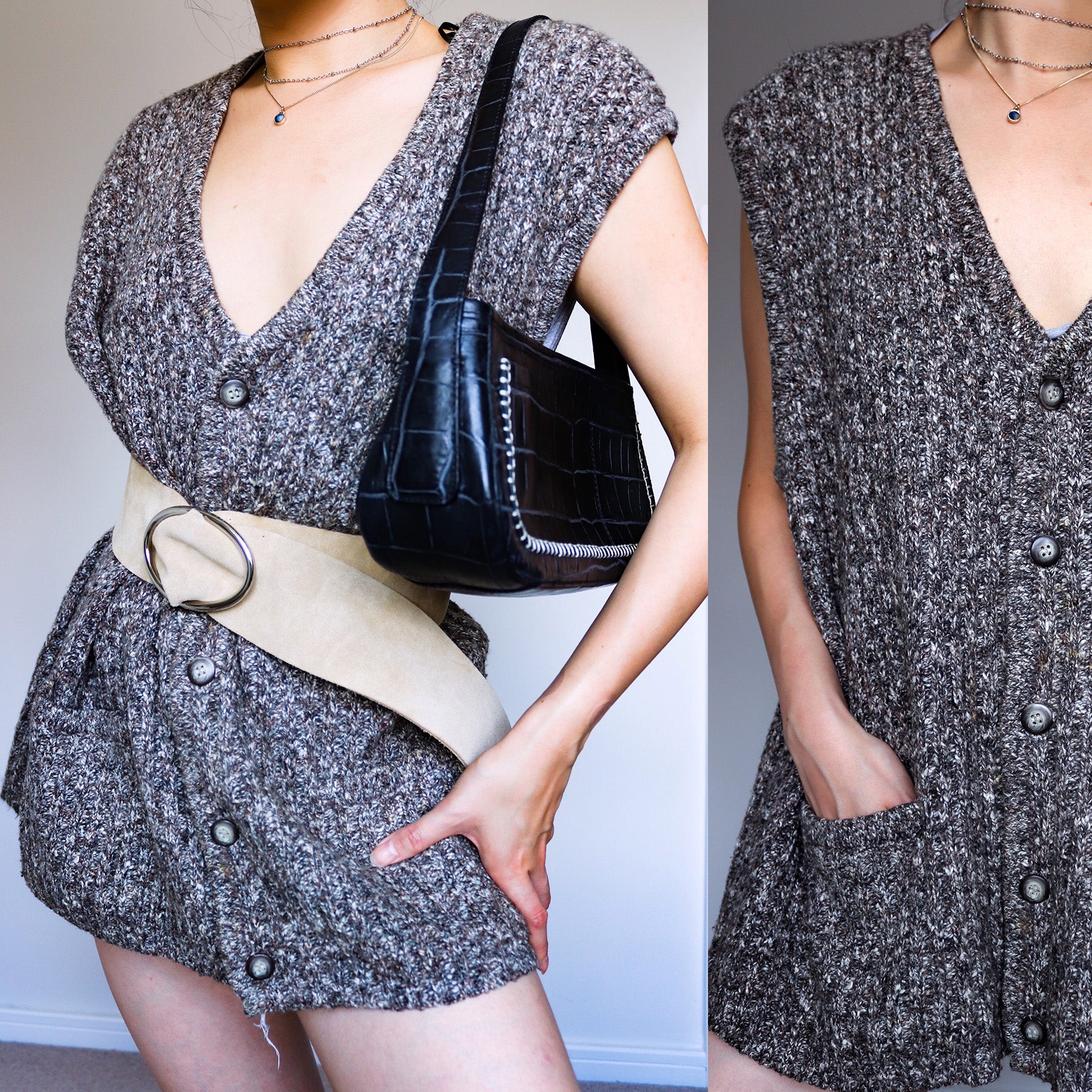 VINTAGE UNISEX MEN WOMEN BROWN WOOL BLENDED RIB  KNIT VEST