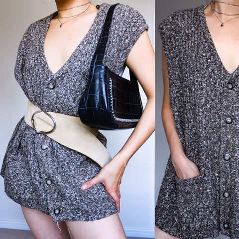 VINTAGE UNISEX MEN WOMEN BROWN WOOL BLENDED RIB  KNIT VEST